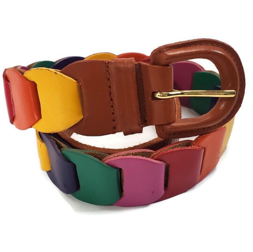 Vintage Genuine Leather Rainbow Multicolor Braided Woven Loom Belt Womens Medium